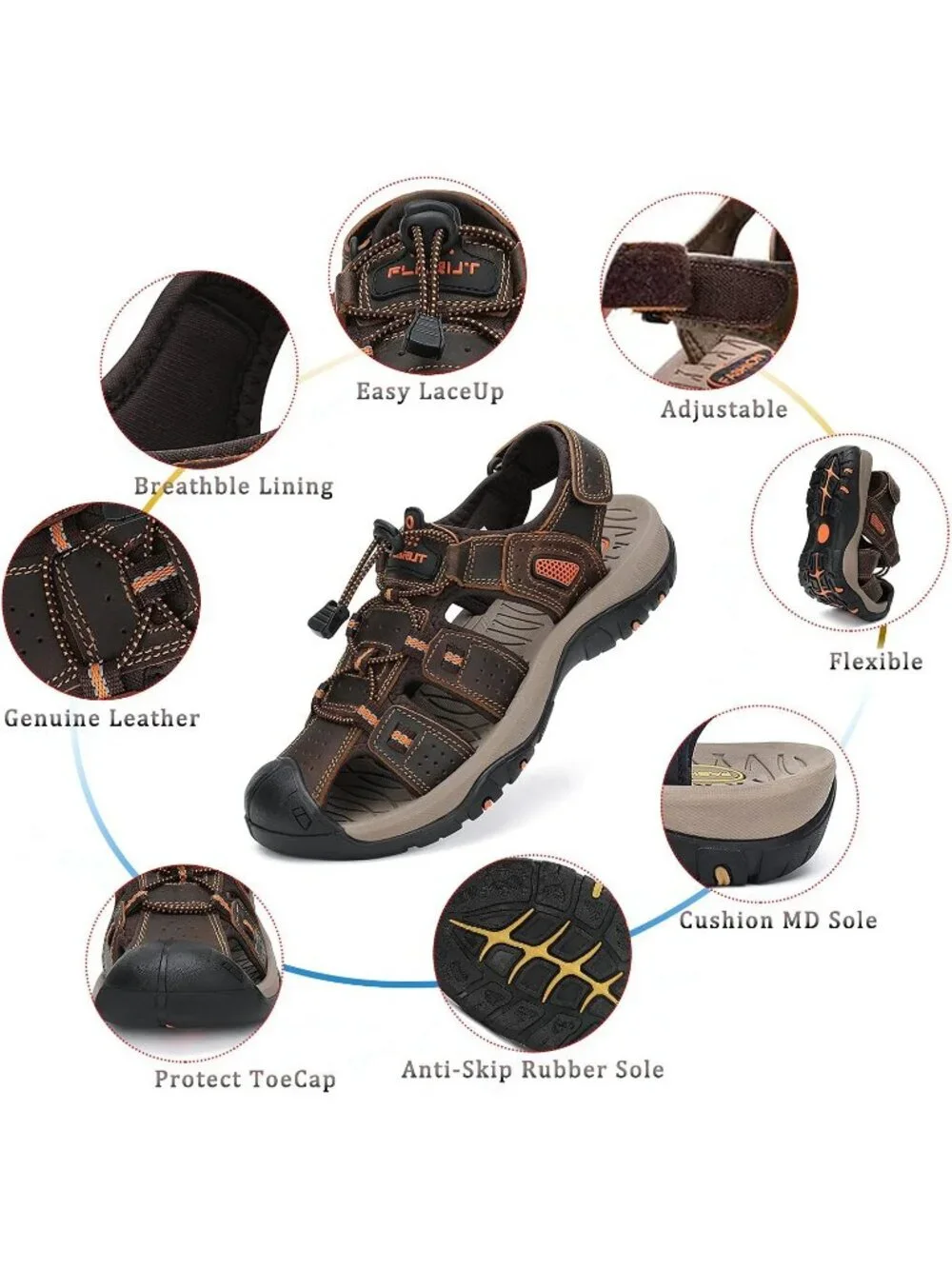 Men's Dark Brown Closed Toe Leather Athletic Outdoor Hiking Sport Sandal Shoes